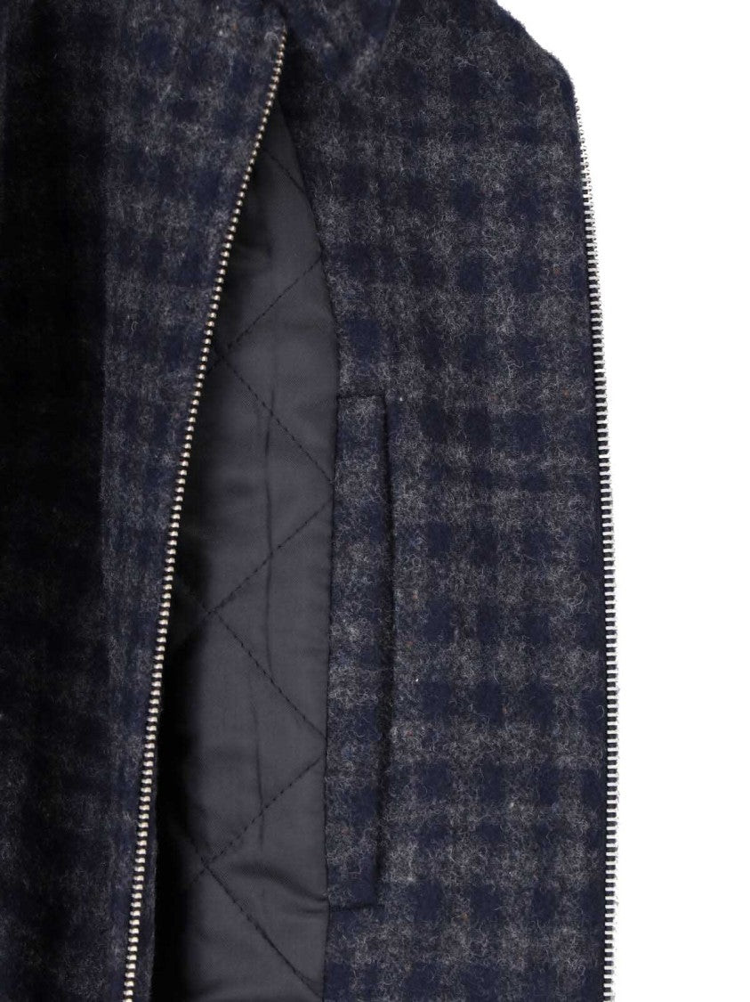 Dunst Blue/Grey Checkered Padded High-Collar Wool Jacket