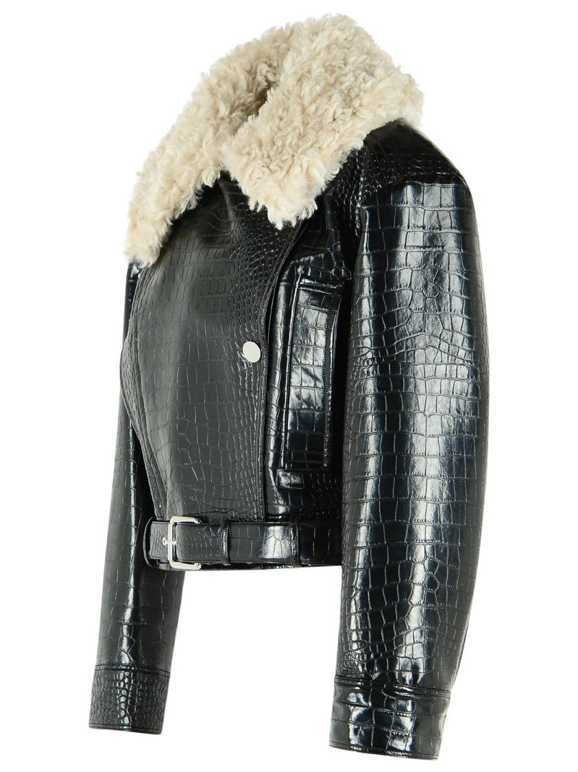 Sportmax Black Patent Leather Jacket With Crocodile Print And Belted Waist