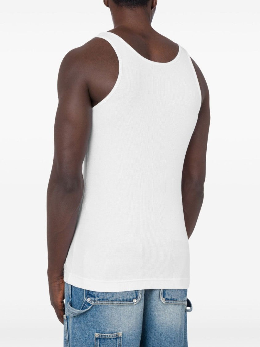 Moschino White Fine Ribbed Racerback Slogan Tank Top