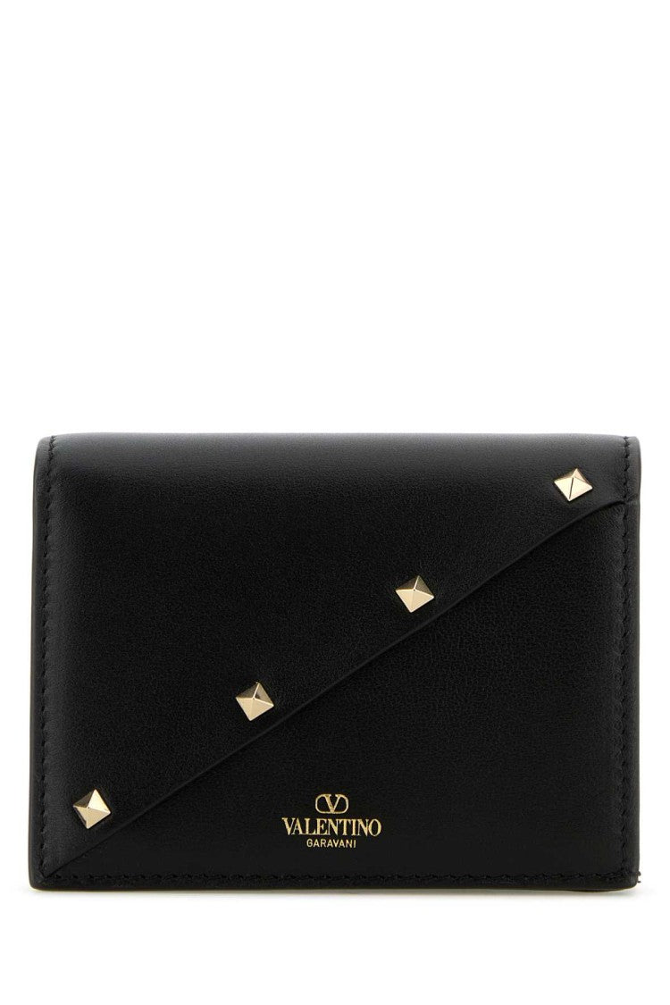Valentino Garavani Rockstud Black Leather Wallet With Distinctive Diagonal Design