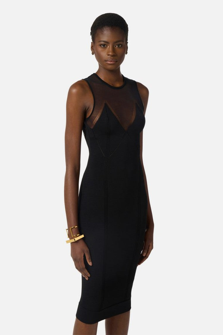Elisabetta Franchi Black Sheer Mesh Yoke Ribbed Viscose-Blend Midi Dress
