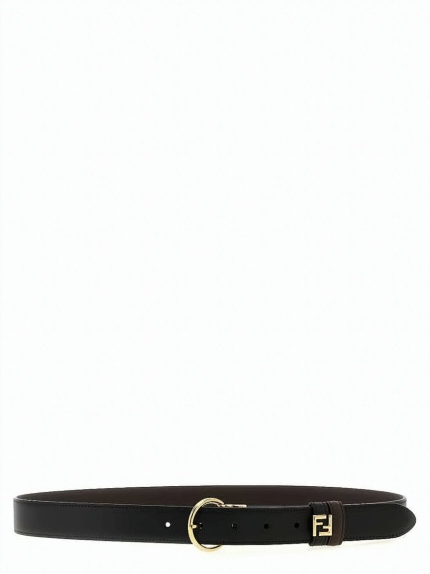 Fendi Reversible Narrow Leather Belt With Polished Gold-Tone Buckle