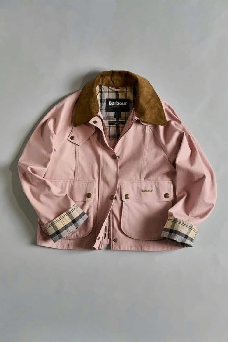 Barbour Cropped Pink Cotton Jacket With Contrasting Corduroy Collar