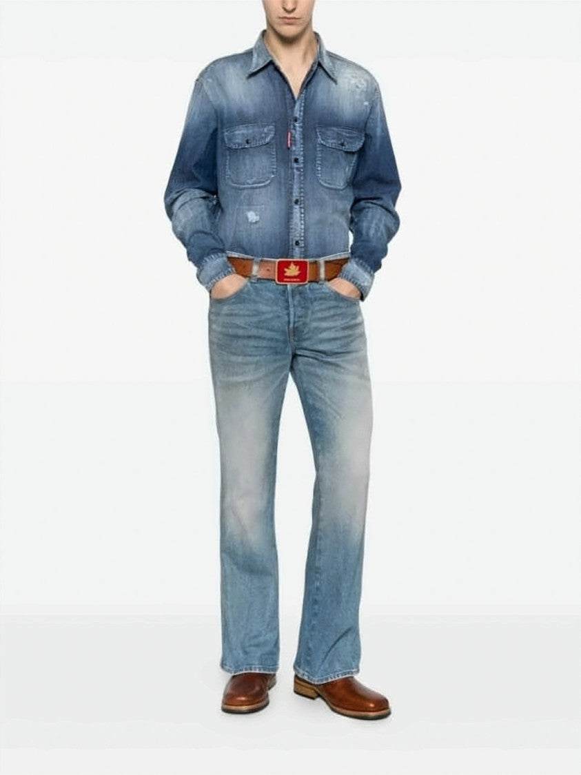 Dsquared2 Blue Long-Sleeve Distressed Wash Denim Shirt
