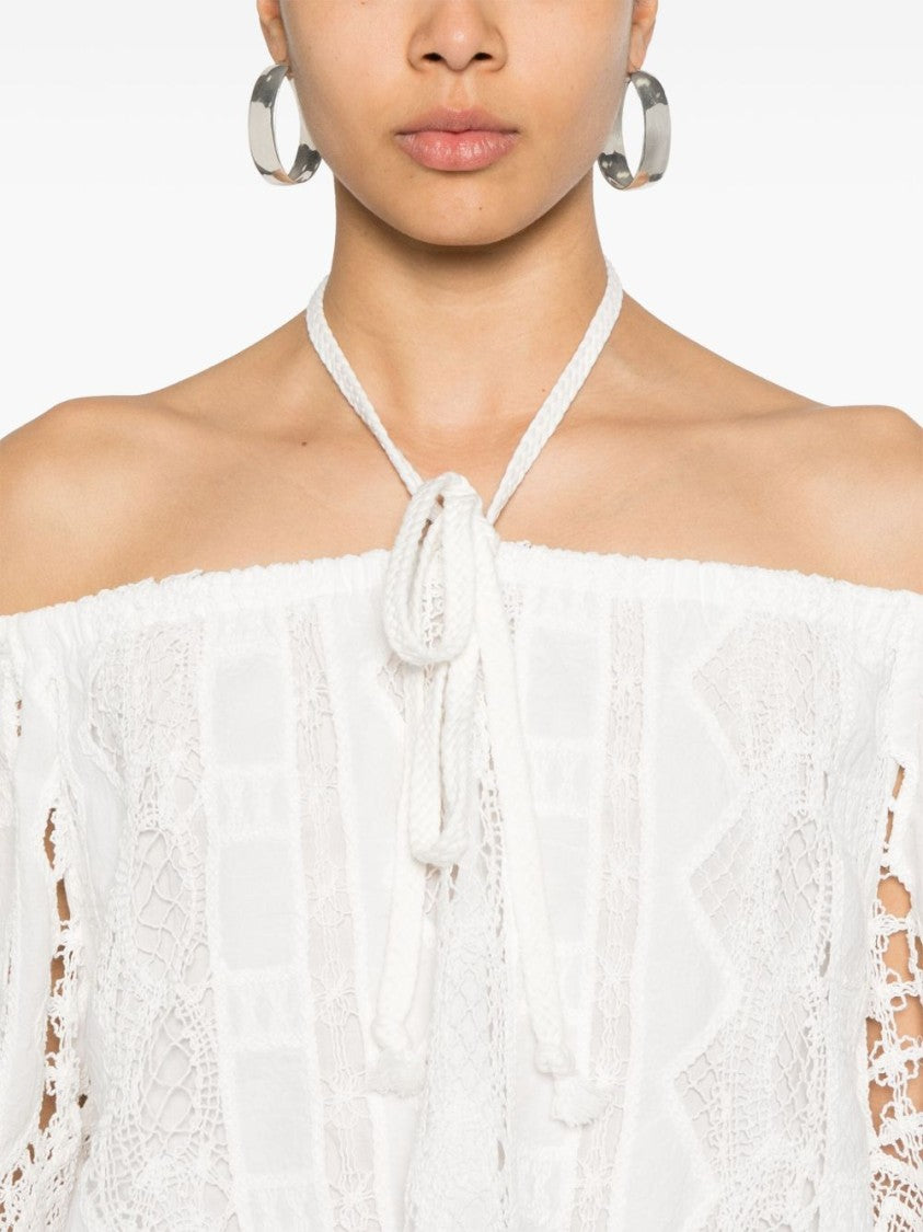 Pinko Off-The-Shoulder White Shirt With Lace Detailing