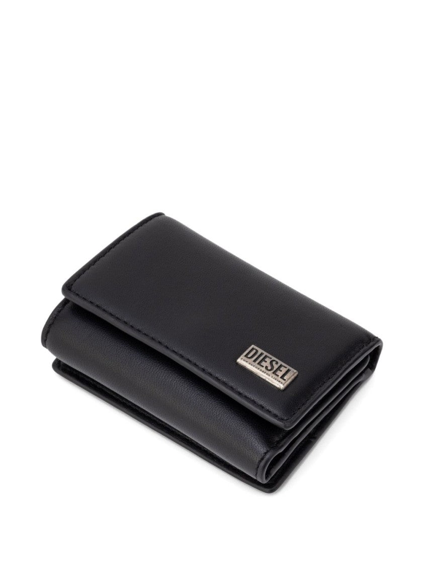 Diesel Compact Black Wallet With Metal Logo Plaque