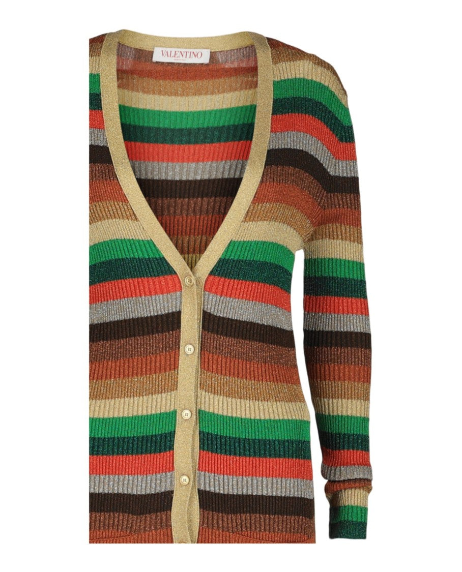 Valentino Metallic Striped Ribbed-Knit Cardigan