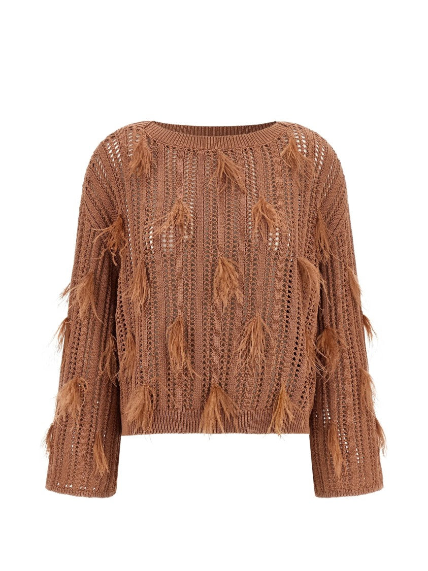 Twin-Set Brown Cropped Openwork Knit Sweater