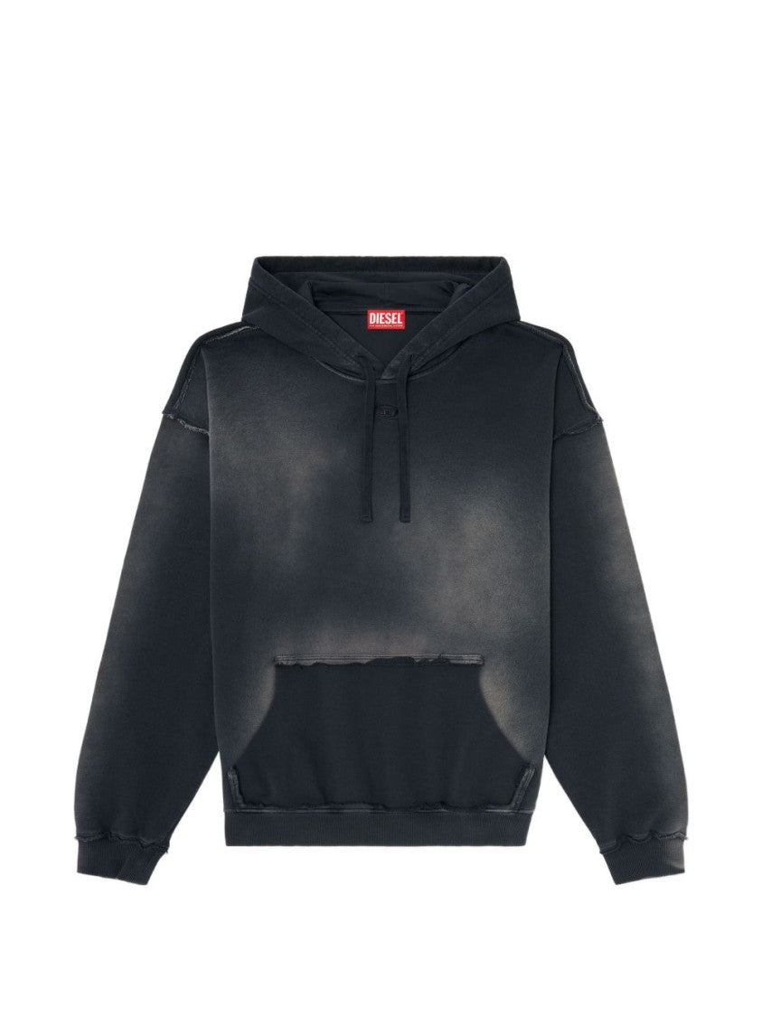 Diesel Frayed Black Cotton Embroidered Hoodie