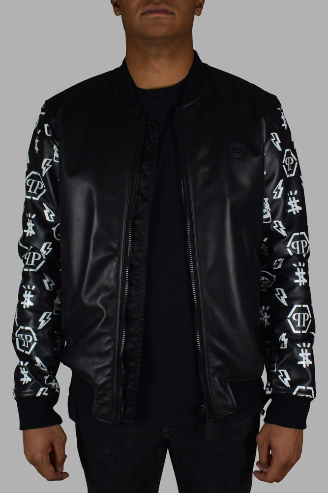 Philipp Plein Black Leather Bomber Jacket With Graphic Sleeves