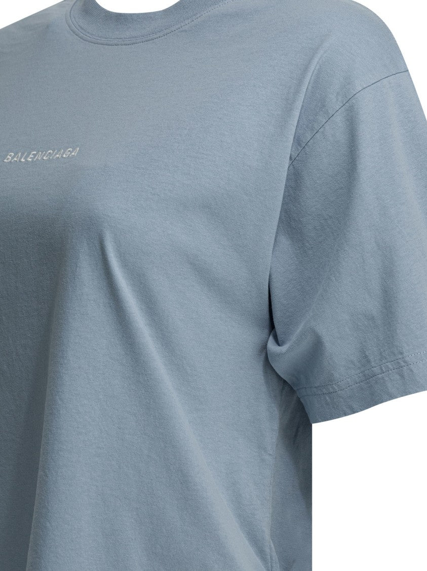 Balenciaga Light Blue Embroidered T-Shirt With Crew Neckline