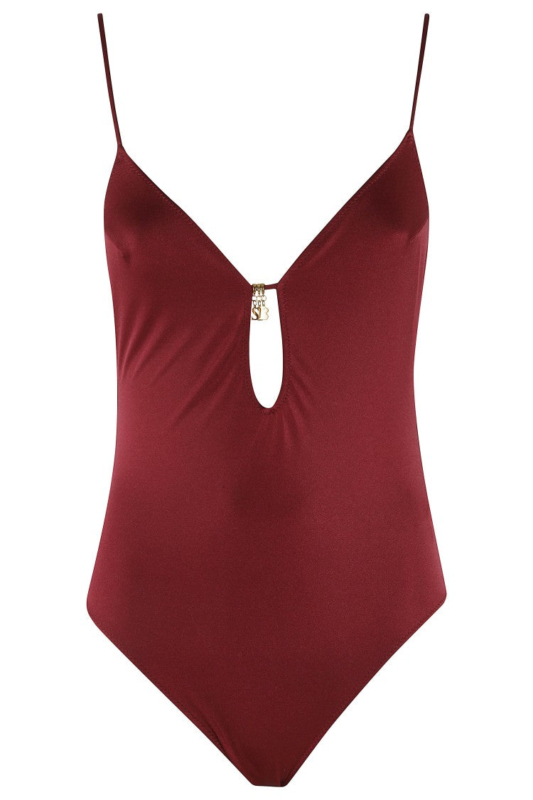 Mc2 Saint Barth Burgundy Crunchy Cut Out Heart Neckline Polyamide Swimsuit