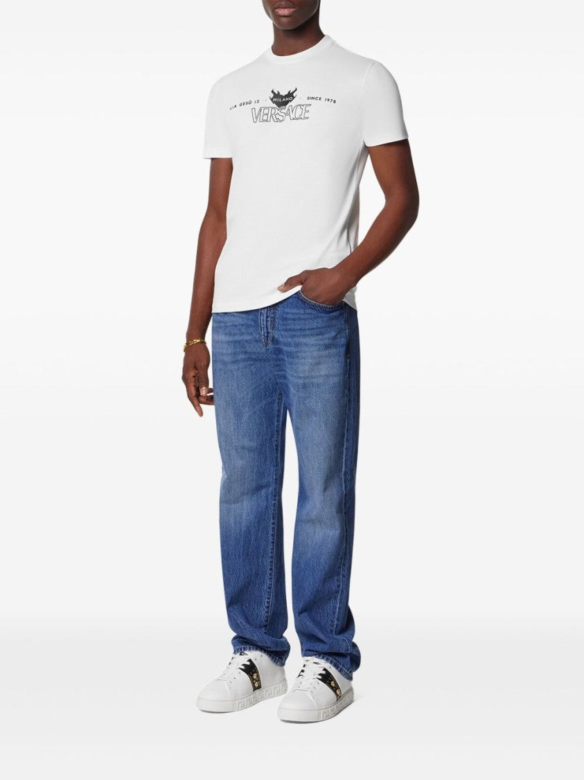 Versace White Graphic Print T-Shirt With Flame Motif
