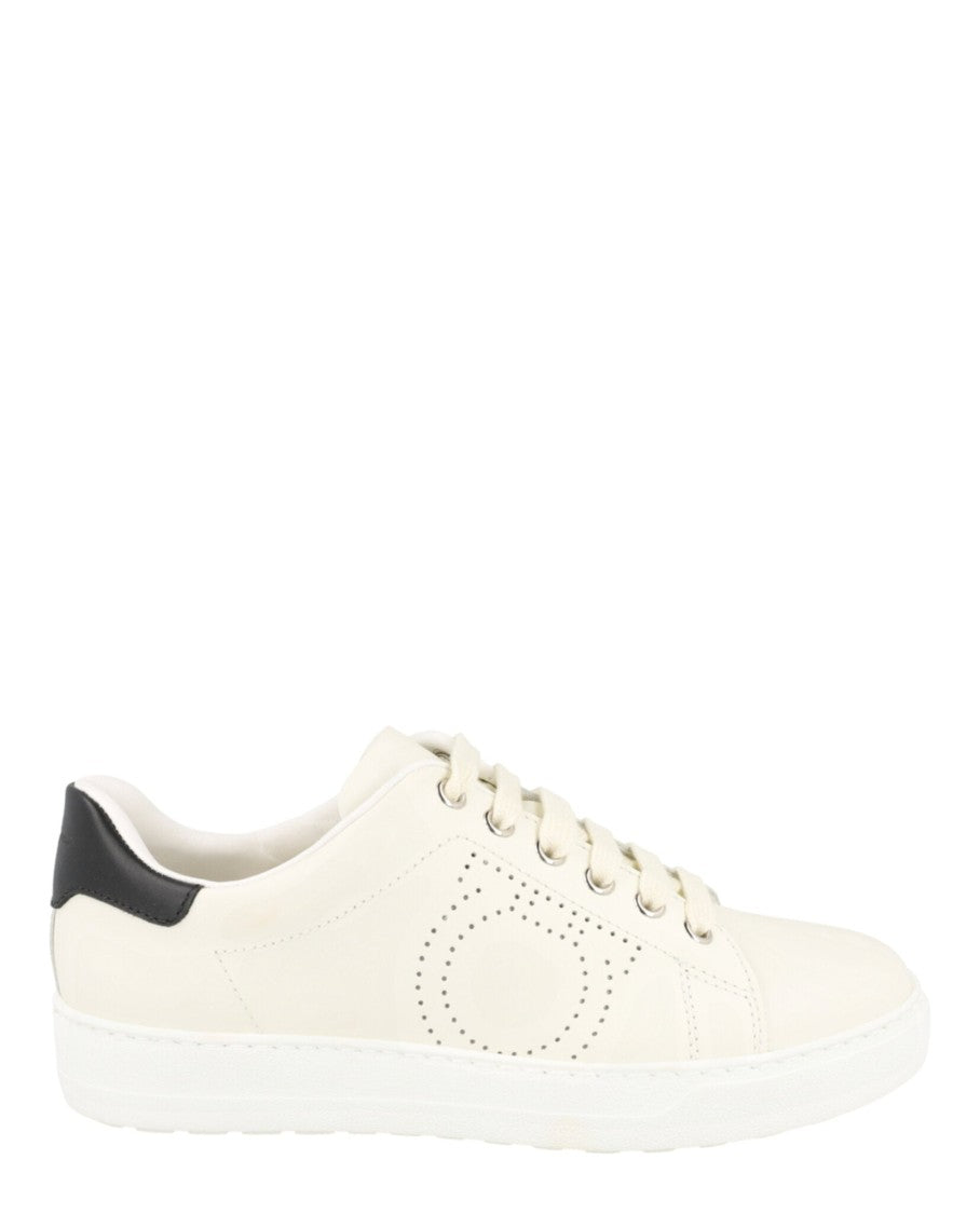 Ferragamo White Calfskin Leather Low-Top Sneakers With Gancini Detailing
