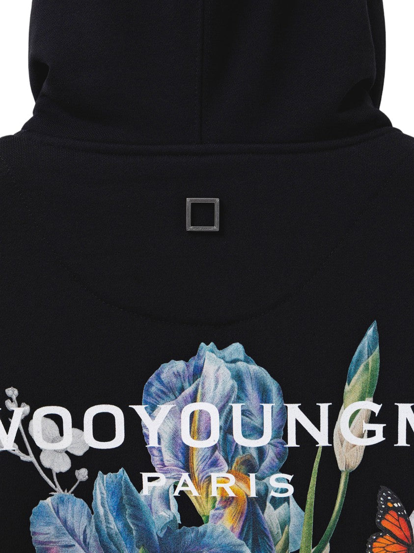 Wooyoungmi Artistic Black Cotton Hoodie With Floral Graphics