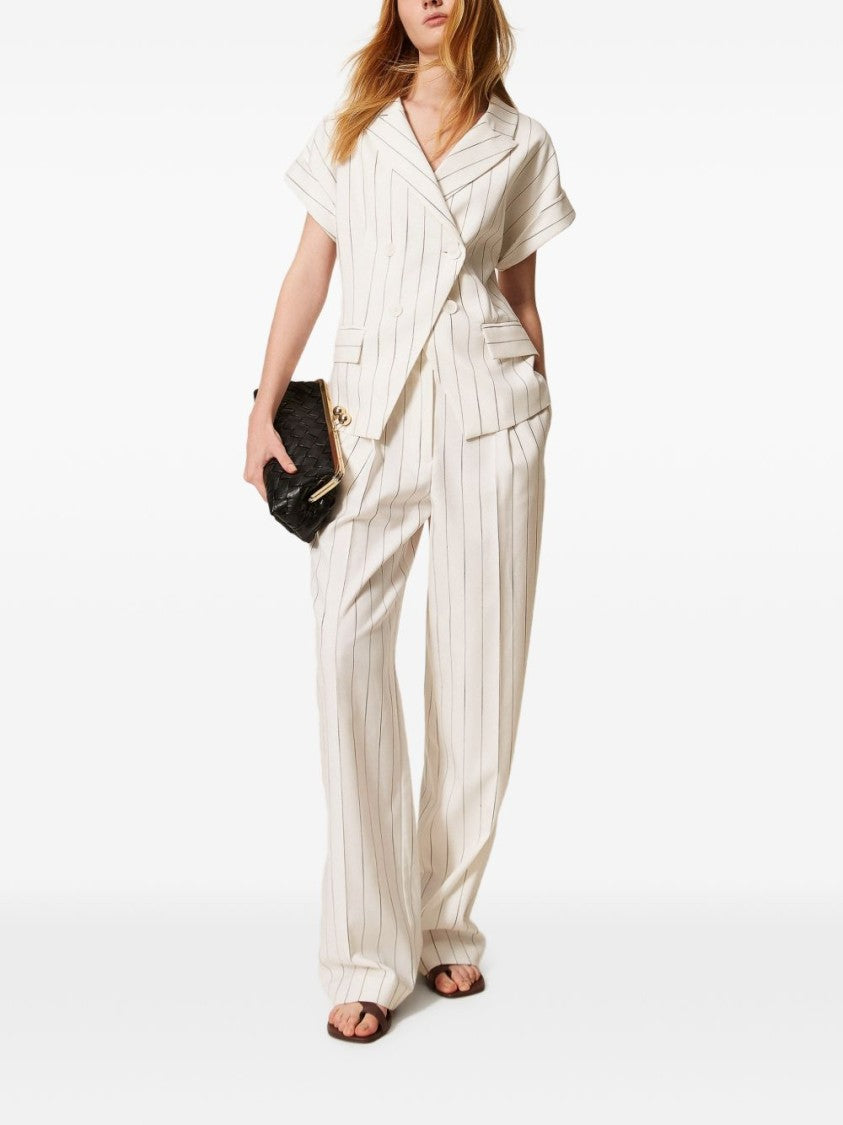 Twin-Set Off-White Pinstripe Palazzo Wide-Leg Pants