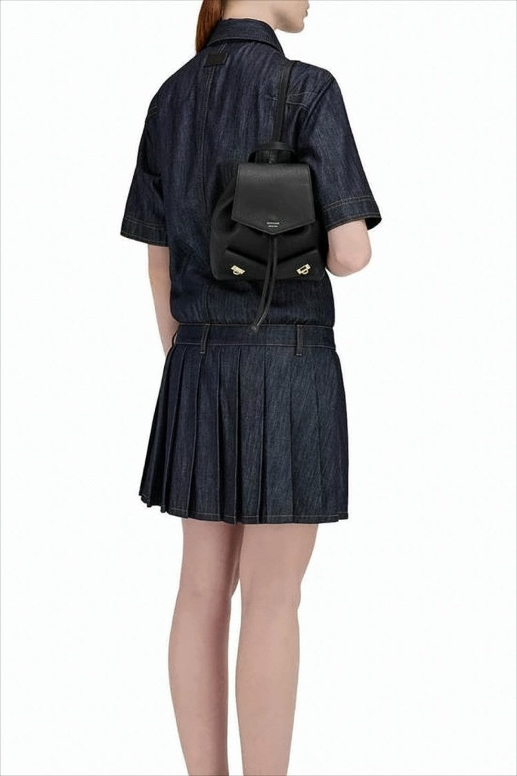 Salvatore Ferragamo Structured Black Calf Leather Backpack With Flap Closure