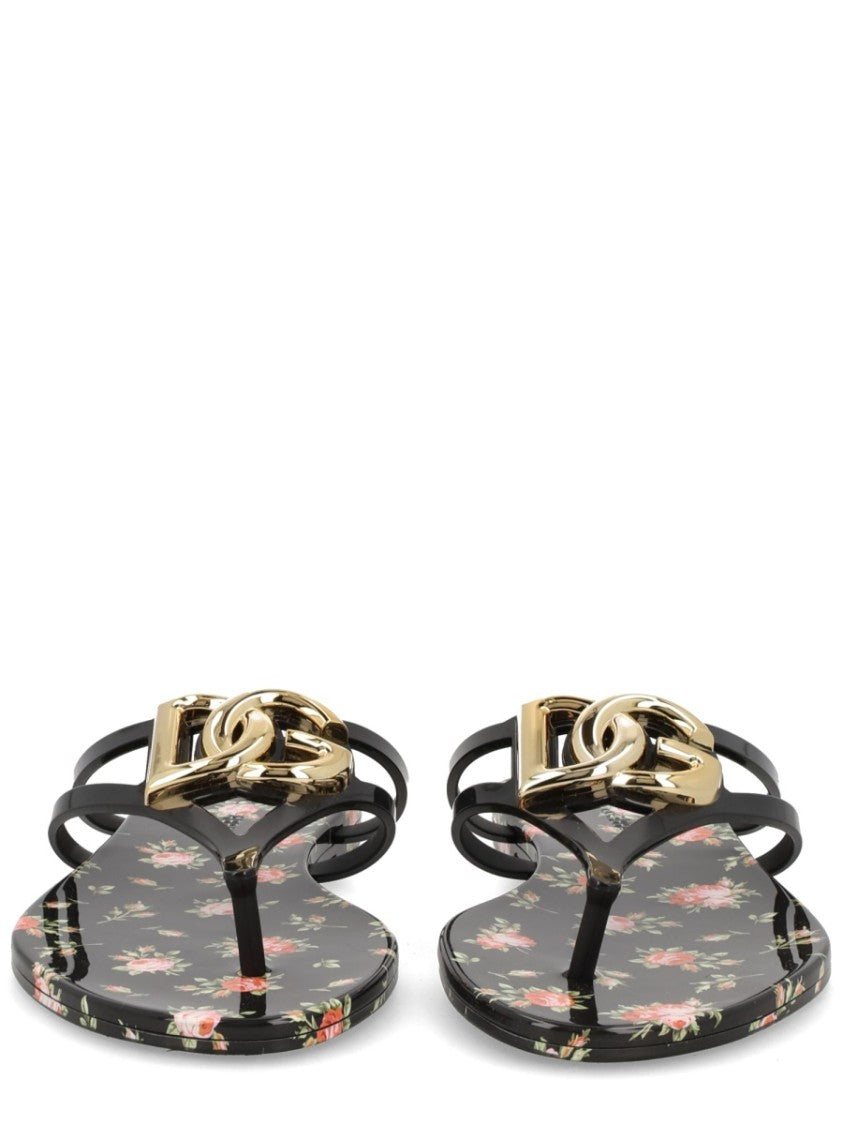 Dolce & Gabbana Black Floral Print Plaque Strap Tpu Sandals