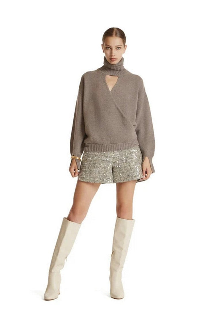 Simona Corsellini Taupe Wool Cutout Turtleneck Sweater