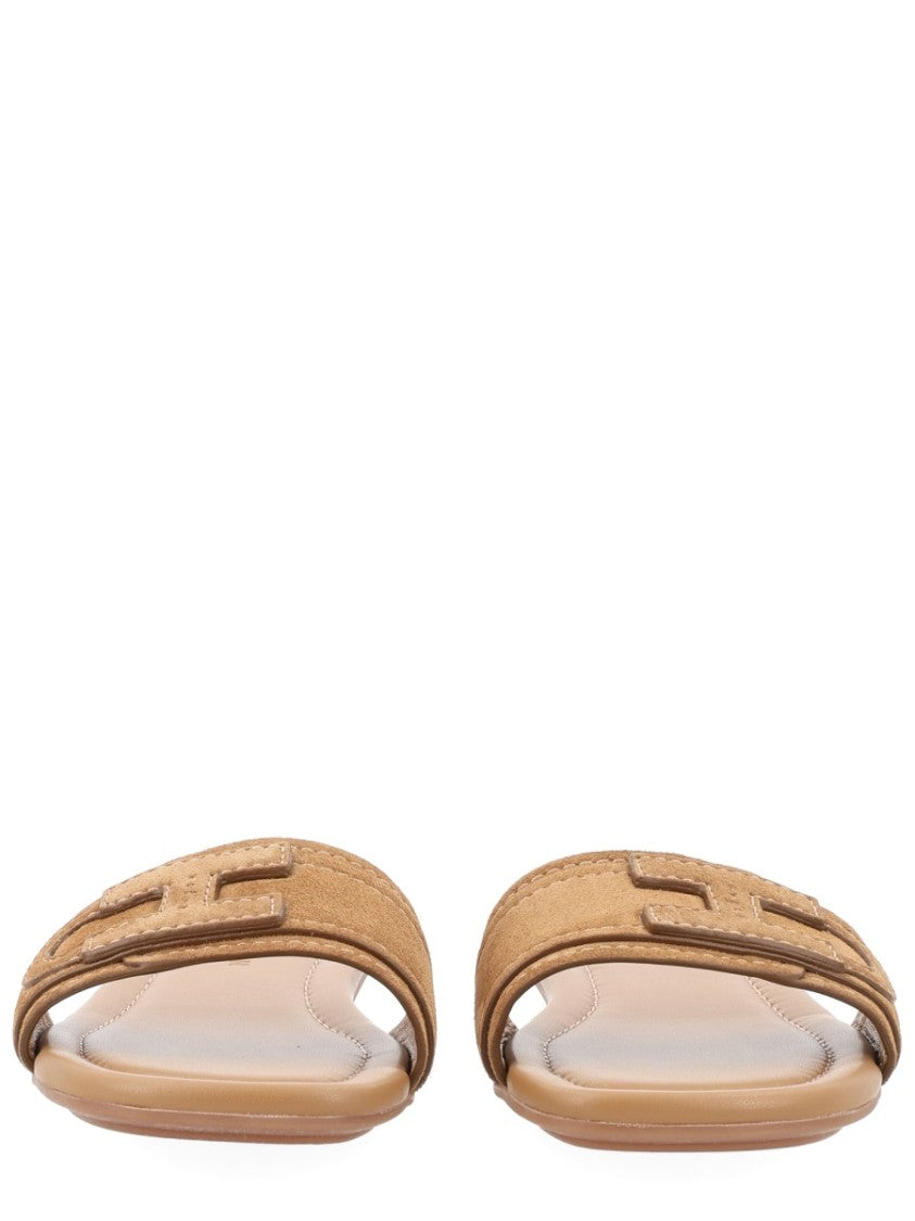 Hogan Flat Calf Leather Stitched Logo Sandals