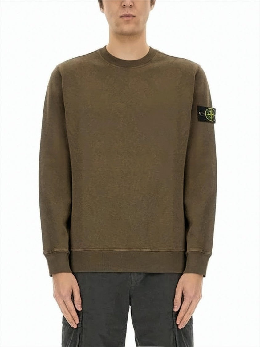 Stone Island Olive Green Long-Sleeve Sweatshirt With Ribbed Cuffs And Compass Patch