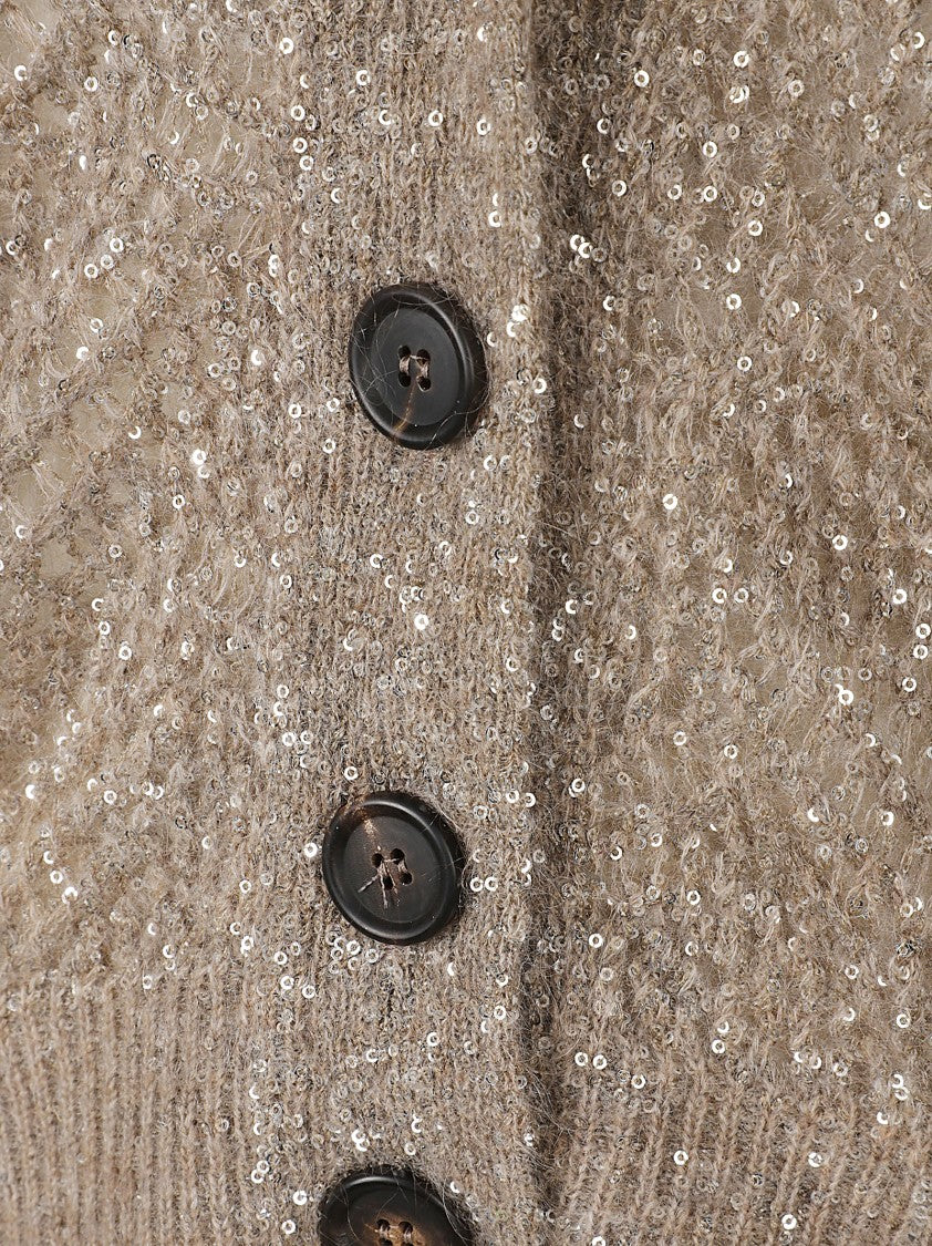 Brunello Cucinelli Cropped Cardigan With Open-Knit Sequined Design And Ribbed Cuffs
