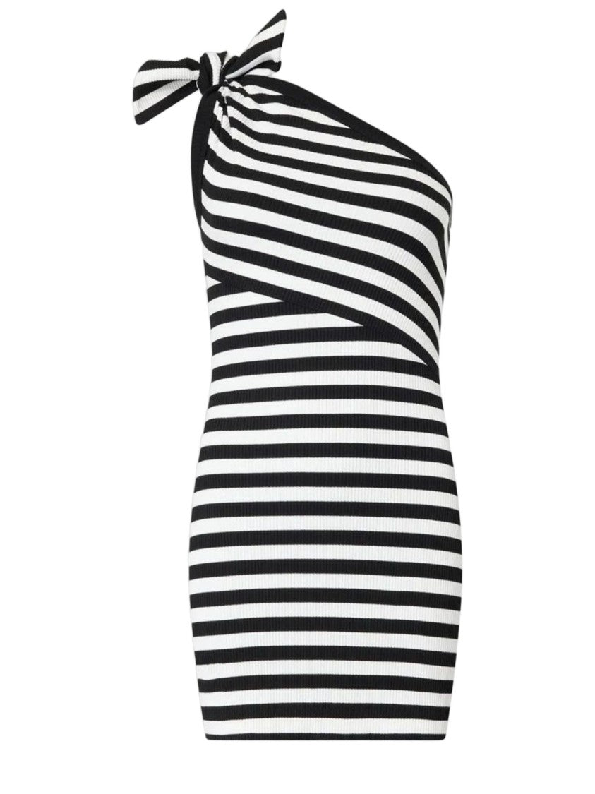 Patou Black And White Stretch Cotton One-Shoulder Bow Dress