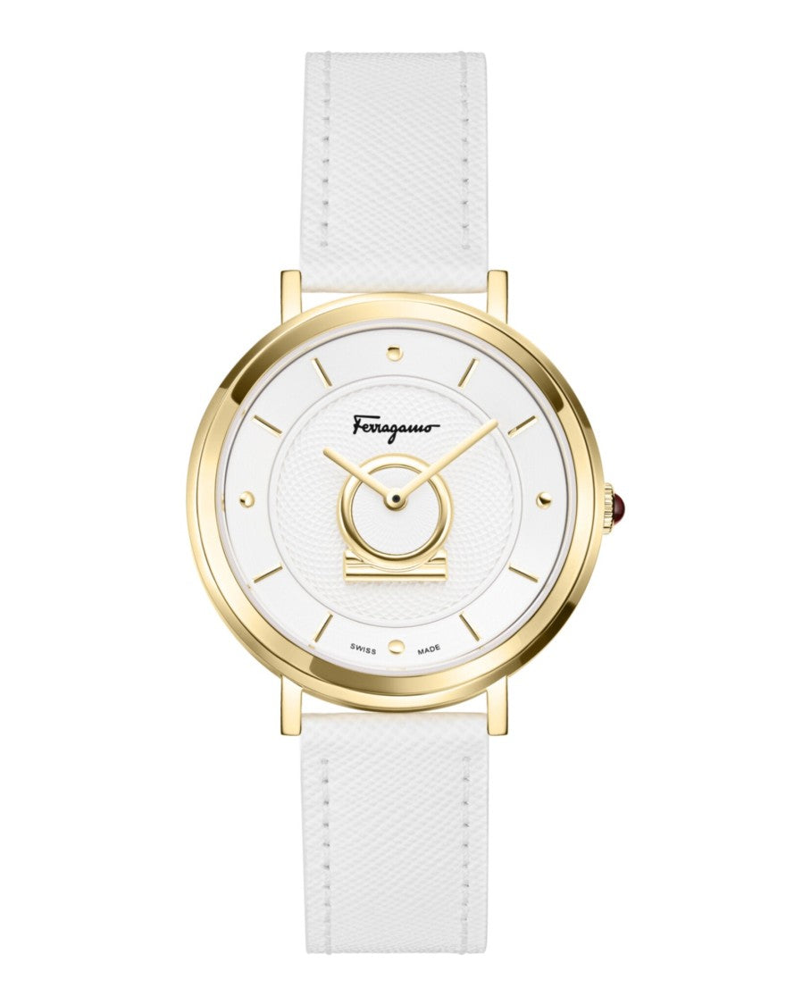 Ferragamo Impeccable Yellow Gold Timepiece With White Calf Leather Strap