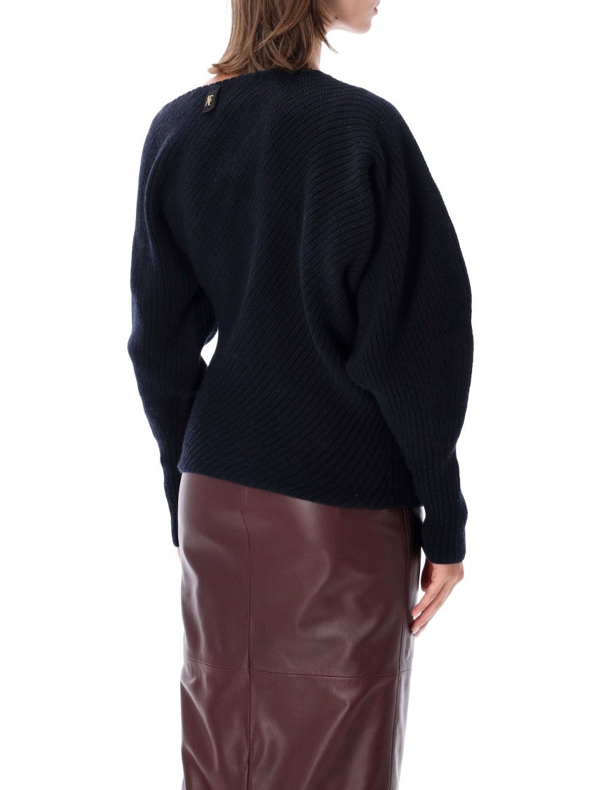 Alberta Ferretti Asymmetrical Ribbed Wool-Cashmere Balloon-Sleeve Sweater