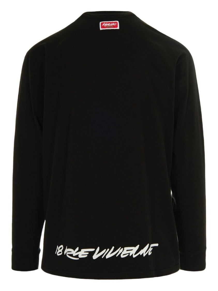 Kenzo Graphic Print Black Long-Sleeved T-Shirt With Flower Embellishment