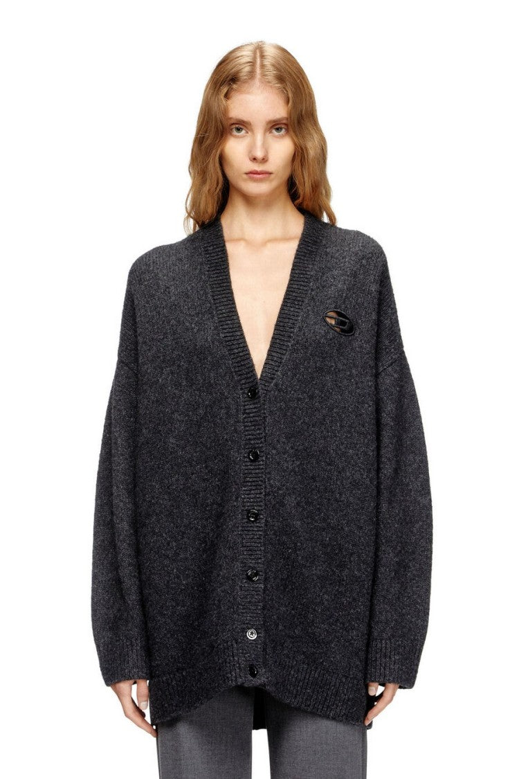 Diesel Grey Button-Front V-Neck D-Logo Patch Wool-Blend Cardigan