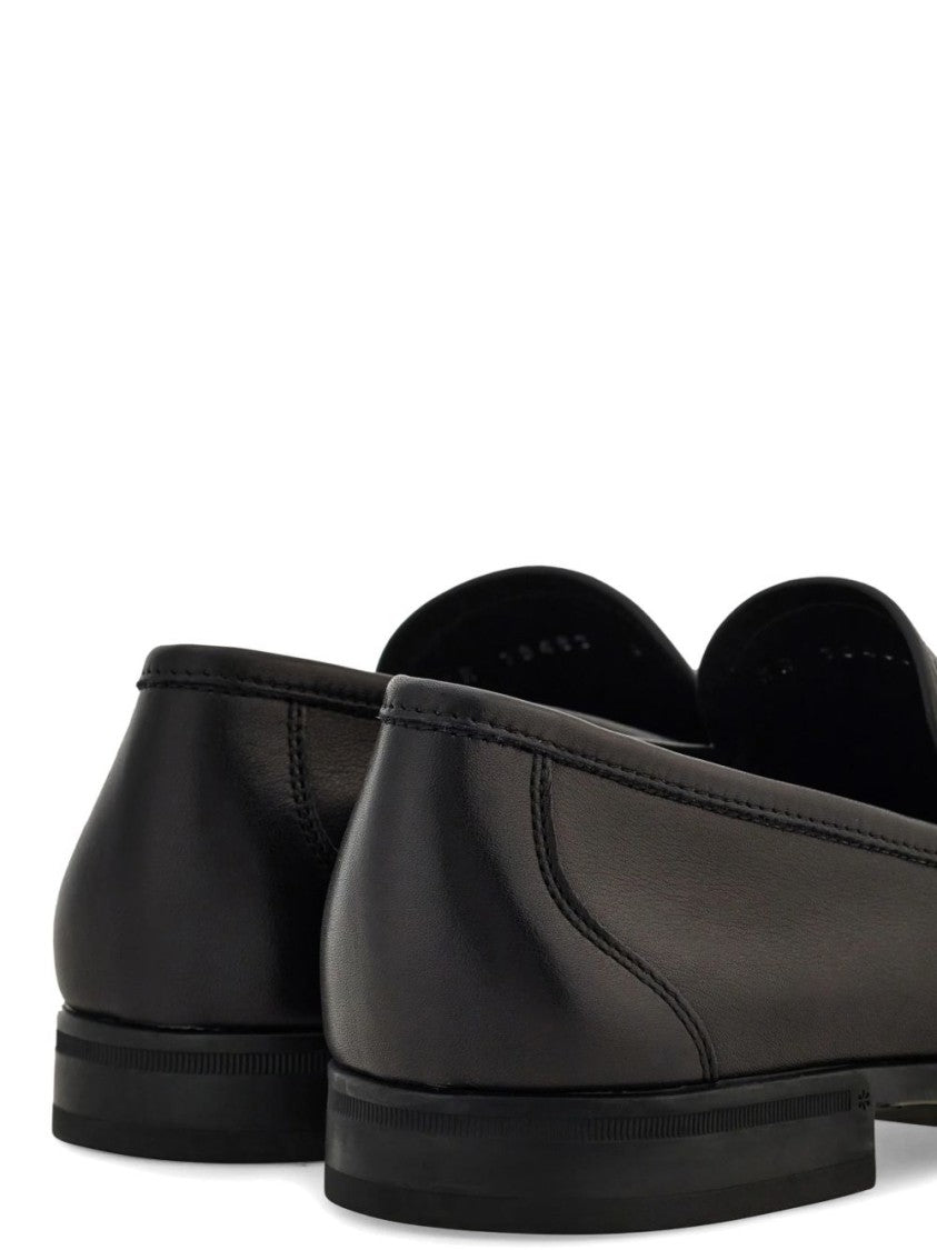 Ferragamo Black Gancini Ornament Calf Leather Loafers
