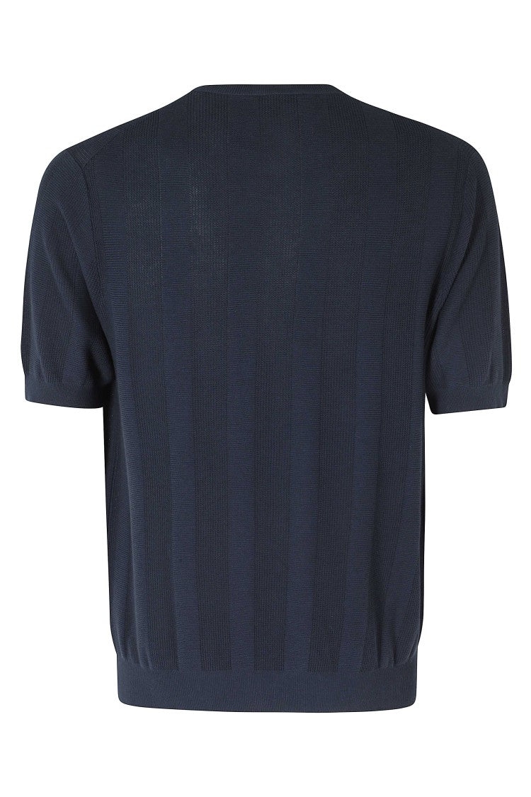 Kangra Blue Vertical Weave Short Sleeve Ribbed Trim Cotton Knit T-Shirt