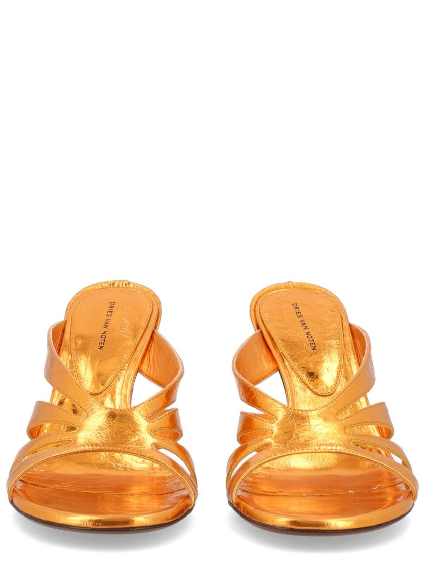 Dries Van Noten Neutrals Metallic Cross Straps Block Heel Sandals