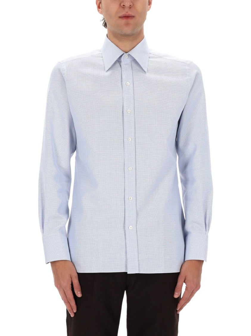 Tom Ford Blue Textured Cotton Mother-Of-Pearl Shirt