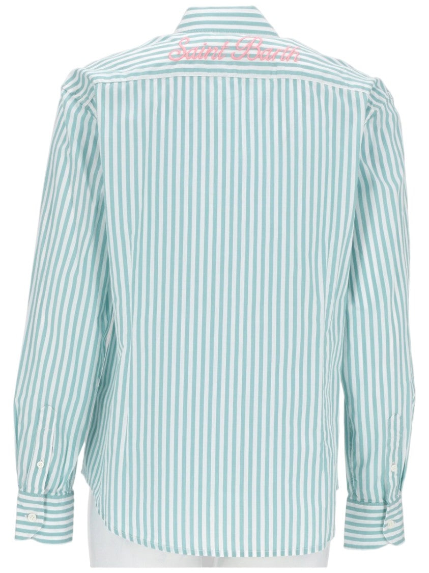 Mc2 Saint Barth Green Striped Cotton Embroidered Shirt