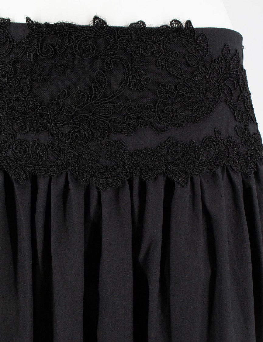 Ermanno Scervino Floral Lace Waistband Flowing Black Cotton Maxi Skirt