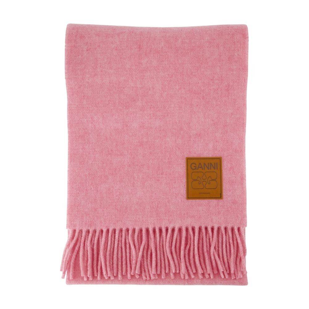 Ganni Double Face Pink Wool Scarf With Fringed Ends
