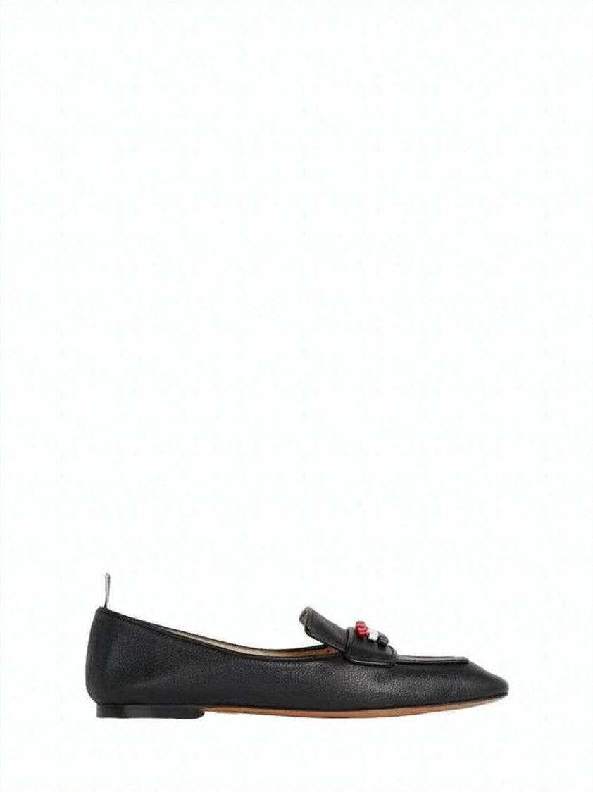 Thom Browne Pointed Toe Calf Leather Flat Shoes With Tricolor Ribbon Detail