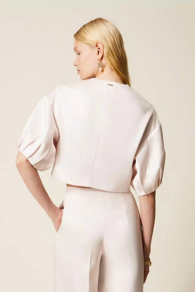 Twin-Set Sand Polyester-Viscose Cropped Balloon-Sleeve Jacket