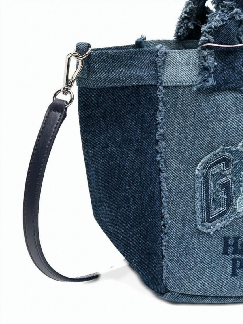 Ganni Patchwork Denim Tote Bag With Frayed Edges