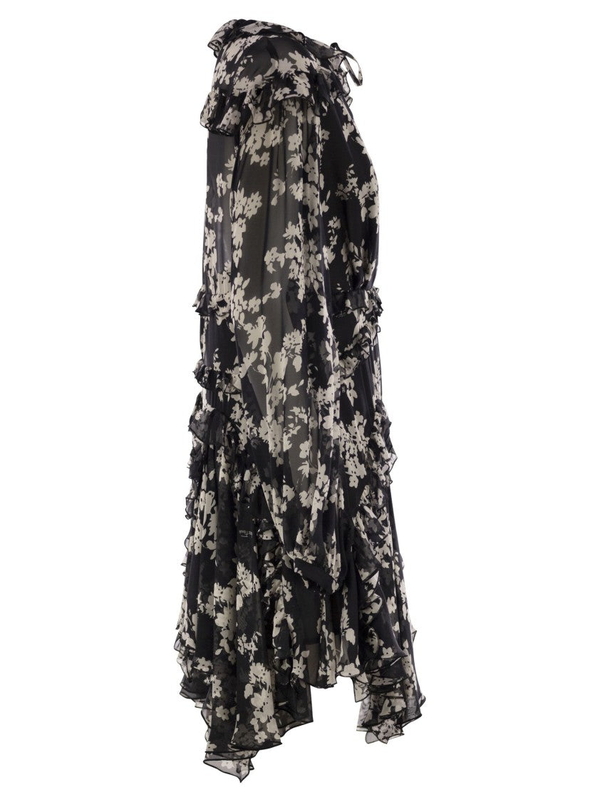 Elisabetta Franchi Printed Silk Voile Dress With Ruffles