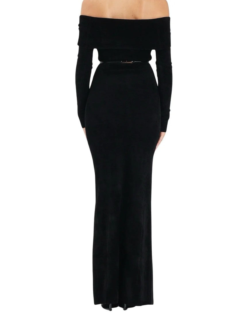 Elisabetta Franchi Floor-Length Chenille Dress With Off-The-Shoulder Neckline