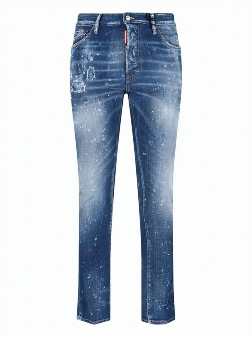 Dsquared2 Paint-Splattered Medium Blue Denim Pants With Slim Fit