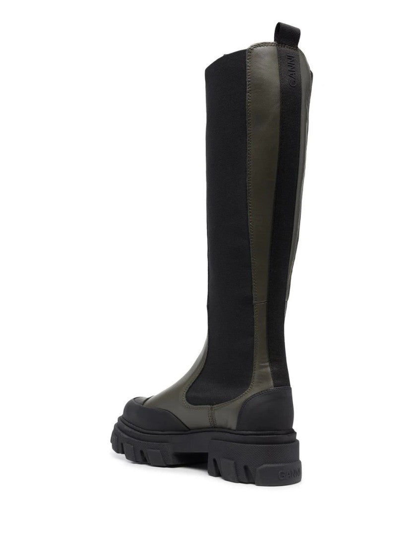 Ganni Green High Chelsea Tall Chunky Sole Pull Tabs Leather Boots
