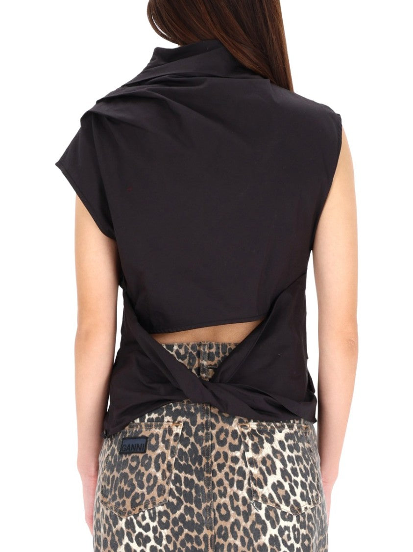 Ganni Ruching Detail Short-Sleeved Top In Black Organic Cotton