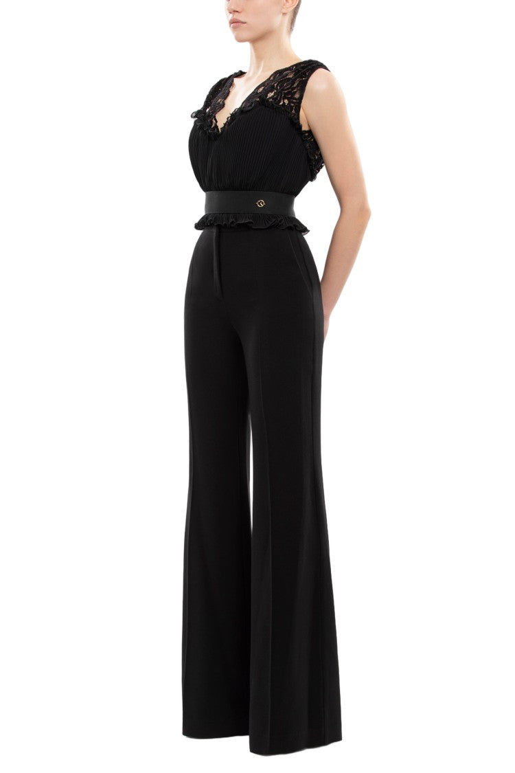 Saiid Kobeisy Pleated Black Bodysuit With Lace Accents