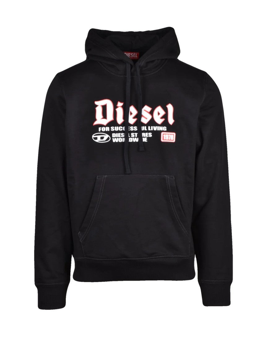 Diesel Black Graphic Hoodie With Kangaroo Pocket And Adjustable Drawstring
