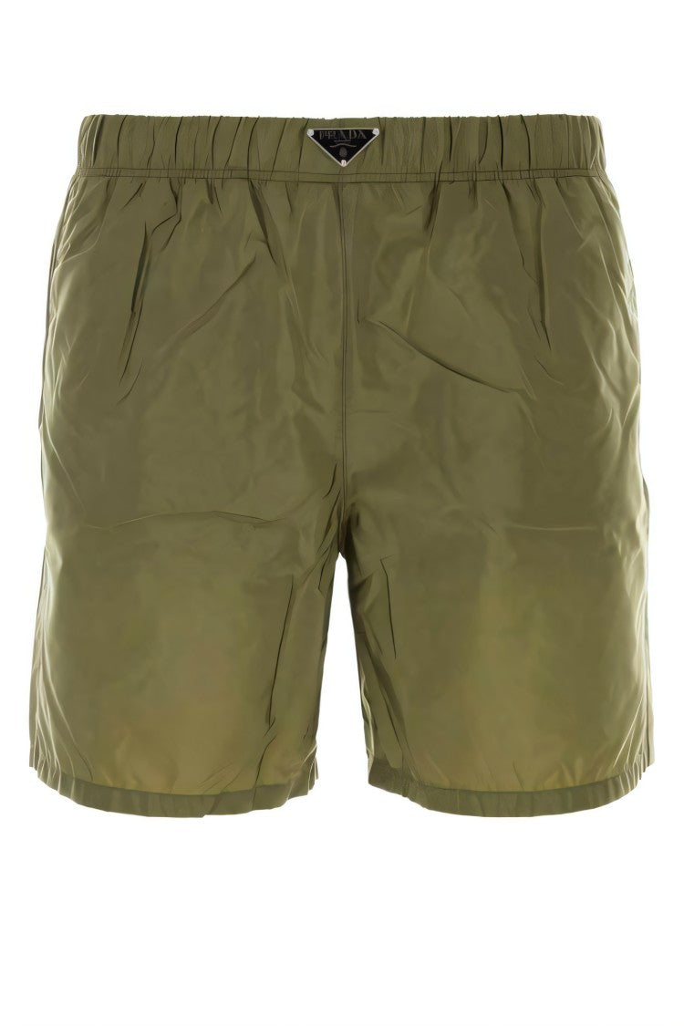 Prada Streamlined Green Swim Shorts With Elastic Waistband