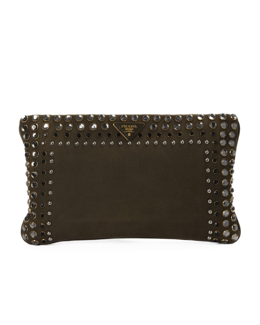 Prada Medium Denim Clutch With Metallic Studs And Rear Handle